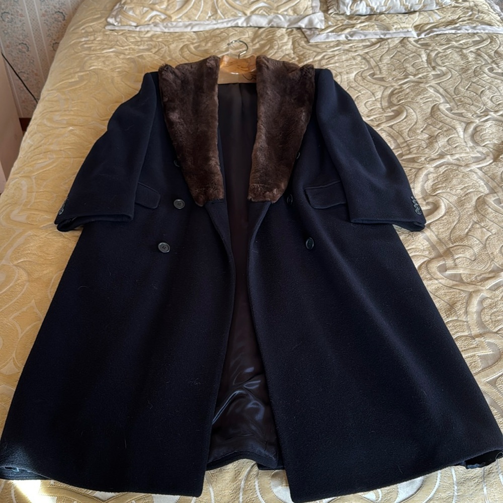 Luxurious dress overcoat w/sheared beaver collar. Exquisite fit.
